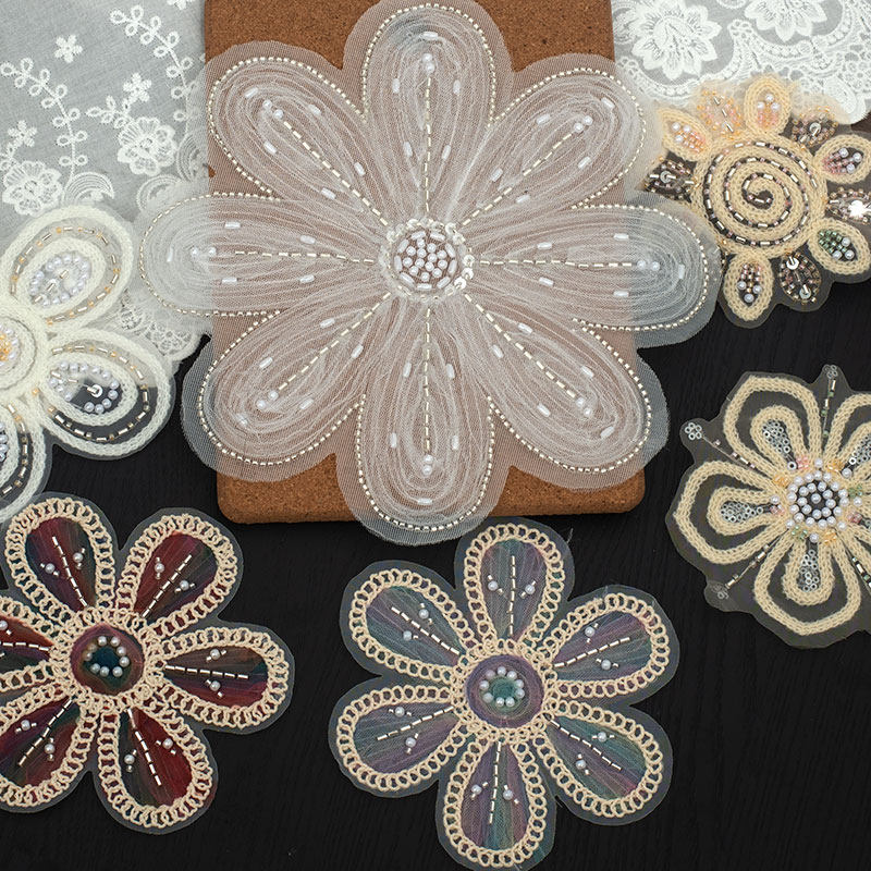 电脑珍珠绣网纱亮片蕾丝大花朵 DIY手工服装窗帘布艺辅料