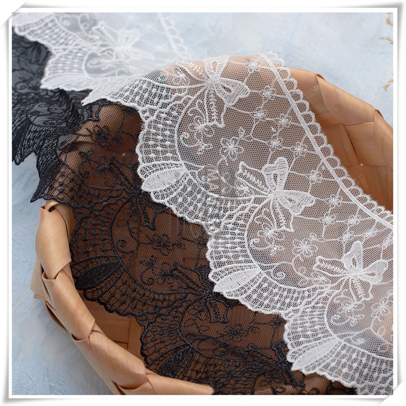 宽11cm黑白蝴蝶结涤纶丝单边刺绣花边 锁边直边手工蕾丝