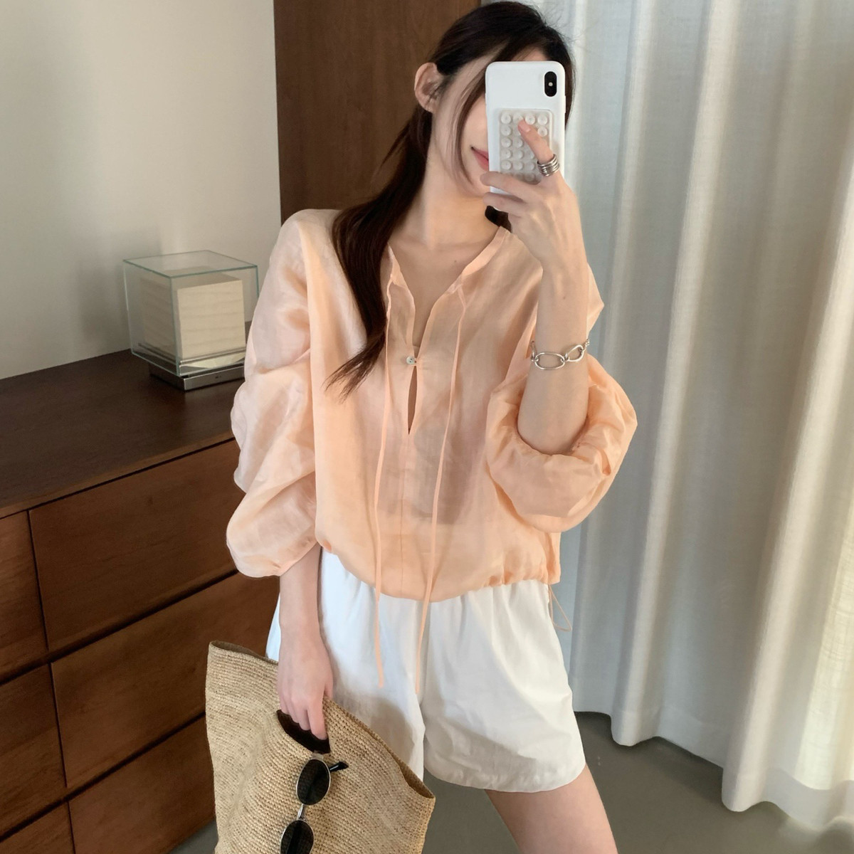 LWS-新卖爆韩女限定款显比例两穿苎麻系带罩衫小衫(不含项链)