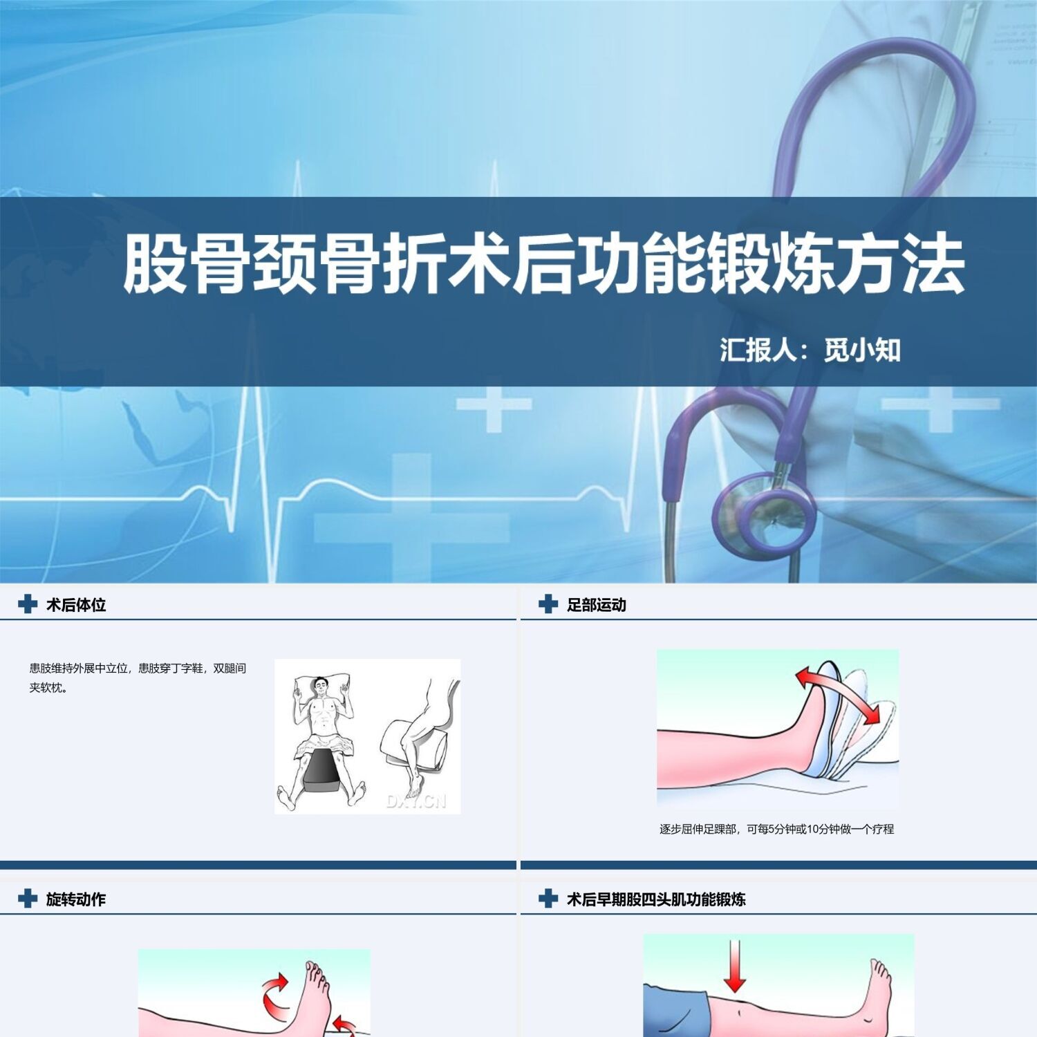 PPT制作蓝色股骨颈骨折护理查房股骨颈骨折术后功能锻炼方法PPT模