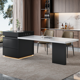 厨房高级感中岛台 家用开放式 意式 极简黑色岩板岛台餐桌伸缩一体式