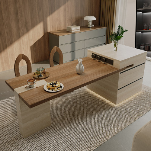 简桌岛台餐桌一体可伸缩2025新款可内嵌蒸烤箱多功能岩板岛台餐桌