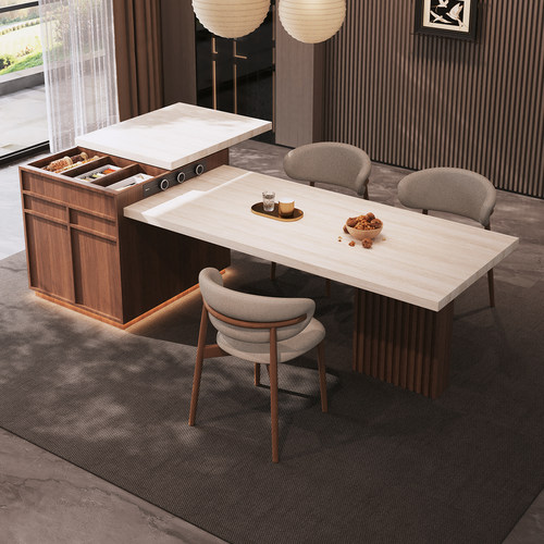 现代简约岛台餐桌一体式大理石台面储物功能防污承重800kg