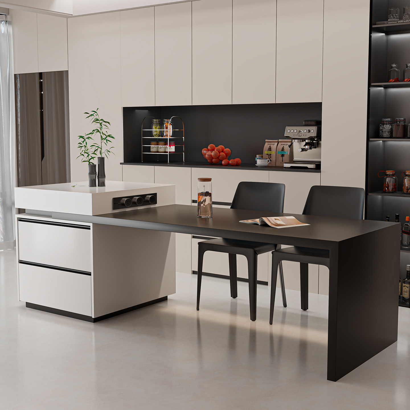 意式极简经典黑白岩板岛台餐桌可伸缩一体家用多功能储物中岛台,住宅家具,岛台餐桌,淘宝优惠券,粉丝福利购,淘宝优惠卷