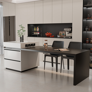 意式 黑白岩板岛台餐桌可伸缩一体家用多功能储物中岛台 极简经典