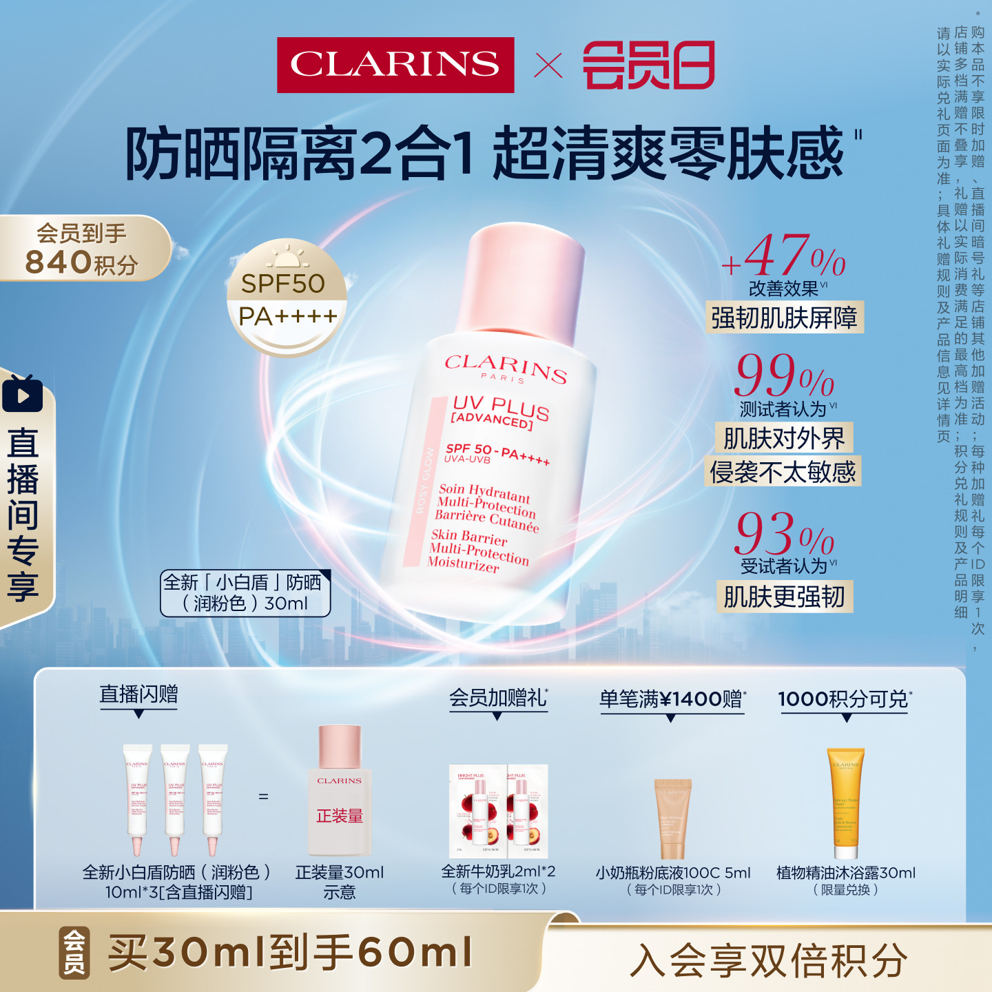 【直播专享】娇韵诗轻透防晒乳润粉色防晒隔离霜素颜霜清爽