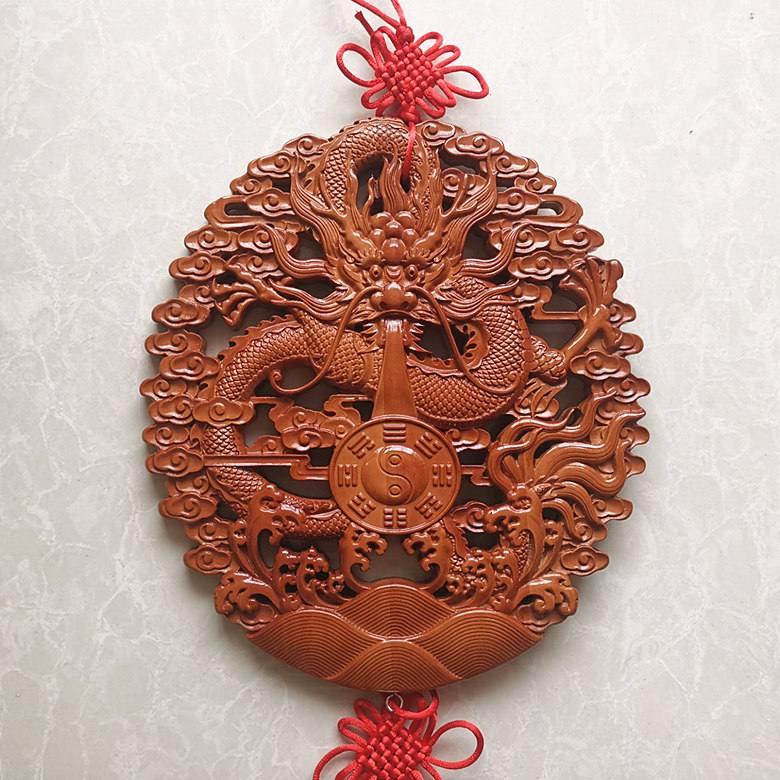 桃木龙八卦镜神龙吸水戏水木雕挂件摆件家居公司风水挂饰大号小号