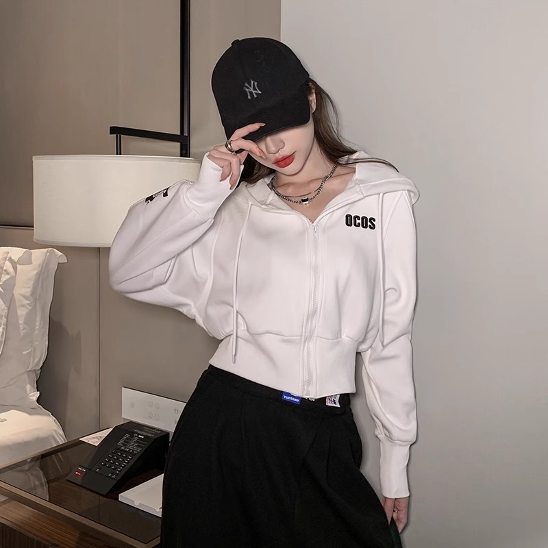 春秋上衣女新款白色短款潮ins网红收腰显瘦又a又飒卫衣卫衣女款