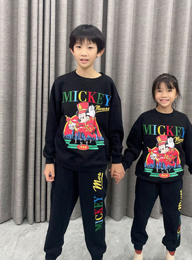 外贸原单尾货黑色卫衣男童米奇圆领卫衣春秋儿童卫衣薄绒刺绣衣服