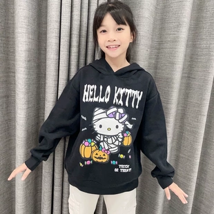 F21尾货黑暗系酷飒风女装hello kitty加绒卫衣女童黑色连帽卫衣