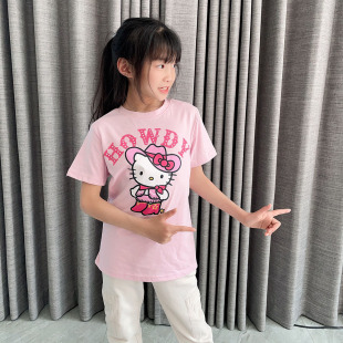 120-160外贸尾货kitty猫上衣女孩女童短袖t恤烫钻t恤新款粉色上衣