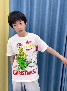 F21货白色体恤儿童绿毛怪grinch男童t恤短袖2025新款短袖纯棉上衣