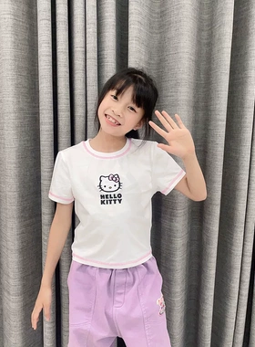棉氨纶t恤hello kitty短袖女童白色t恤紧身短款上衣儿童纯棉t恤