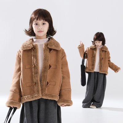 女童外套冬季儿童鹿皮绒皮毛一体外套中大童装复古开衫保暖厚上衣
