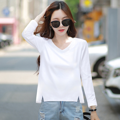 白色开叉v领t恤女长袖宽松棉质