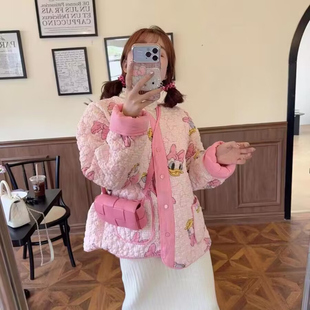 东北花棉袄外套女冬季 粉色甜美少女加绒菱格羽绒棉服潮 2023年新款