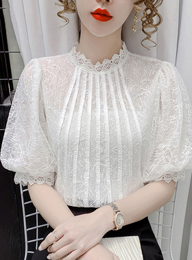 甜美少女蕾丝小衫泡泡袖花边圆领内搭套头女装上衣白色短袖打底衫