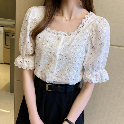 女士衬衫夏季新款大码女装镂空百搭短袖雪纺衫设计感洋气蕾丝上衣