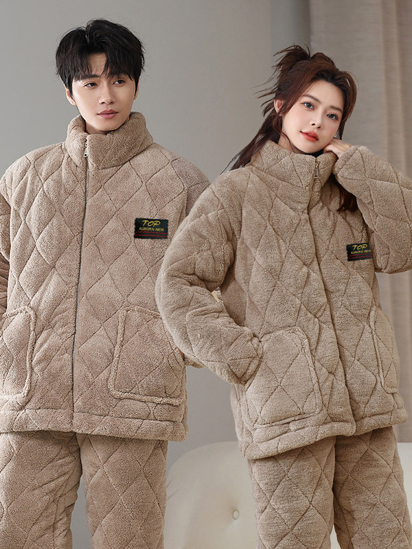 情侣款睡衣女士冬季珊瑚绒加绒加厚套装三层夹棉法兰绒可外穿棉衣