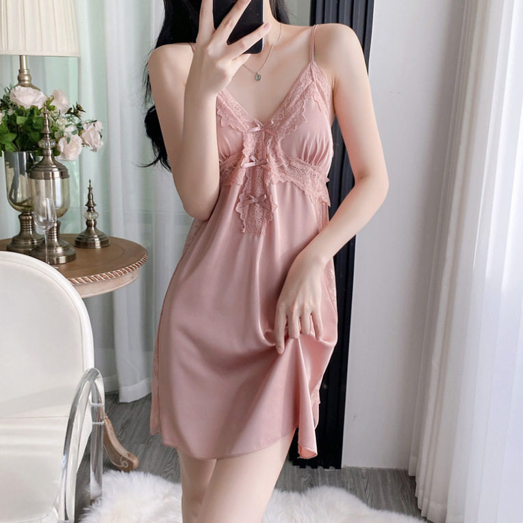 冰丝睡衣女款2025新款性感夏季纯欲高级感蕾丝吊带胸垫睡裙小个子