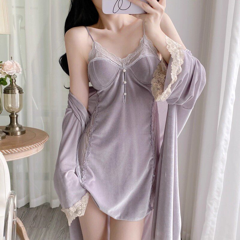 金丝绒睡衣女带胸垫秋冬季性感蕾丝纯欲美背吊带薄绒睡裙女小个子