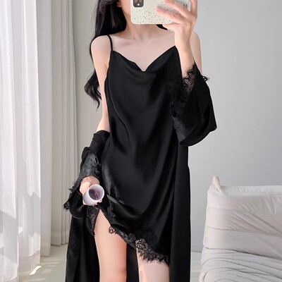 夏季冰丝蕾丝纯欲荡领带胸垫睡裙
