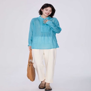 翠色嘉人2026春季新款中式简约时尚天丝麻长袖衬衫女上衣85019