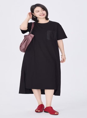 紫布语2026夏季新款甜美减龄圆领文艺大码针织棉短袖连衣裙女3605