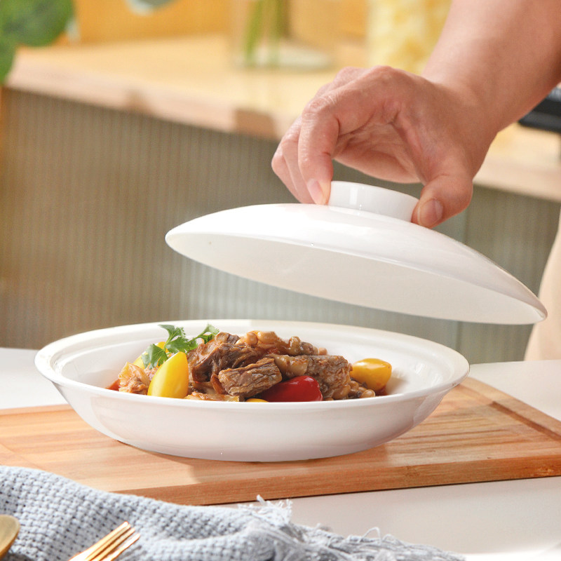 纯白骨瓷带盖盘子保温和合器菜盘汤盘家用菜碗蒸蛋碗圆形碟子带盖
