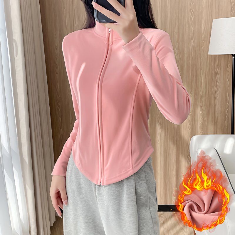 秋冬加绒加厚双面德绒瑜伽运动休闲修身保暖拉链立领短外套上衣女