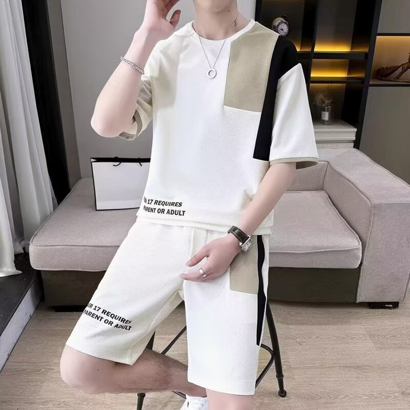 一套夏季华夫格短袖T恤短裤套装