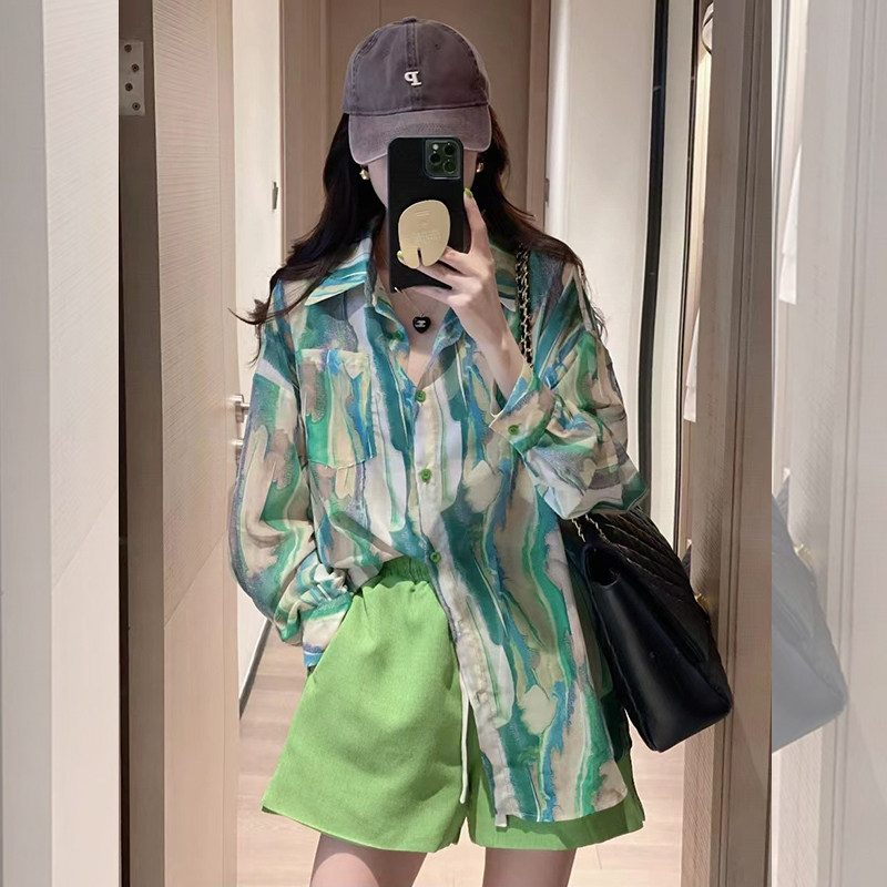 轻薄垂感印花防晒衬衫女欧洲站2022夏季新款欧货宽松休闲衬衣套装