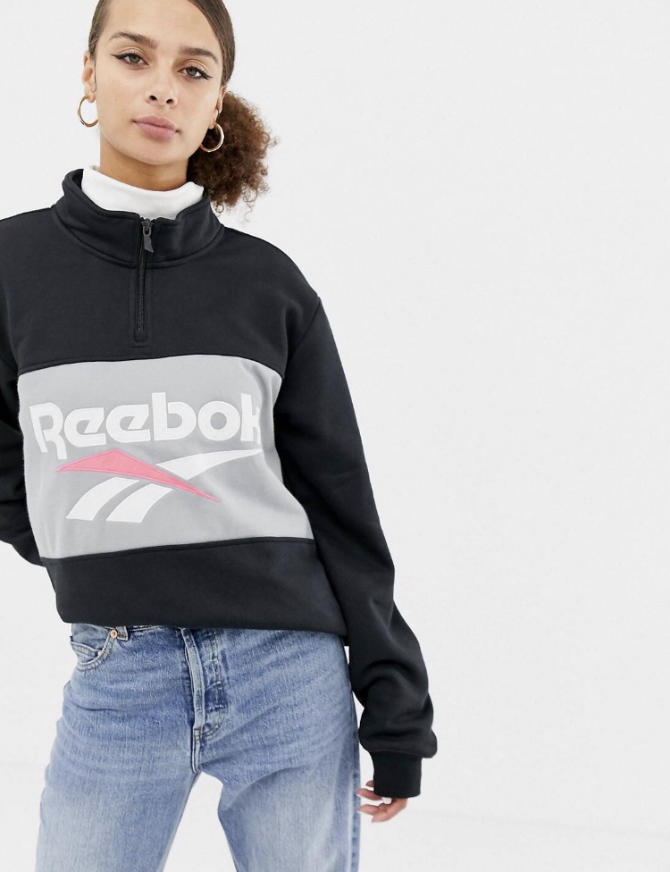 英国锐步reebok新款百搭时尚简约宽松男友风chic半拉链卫衣女春秋