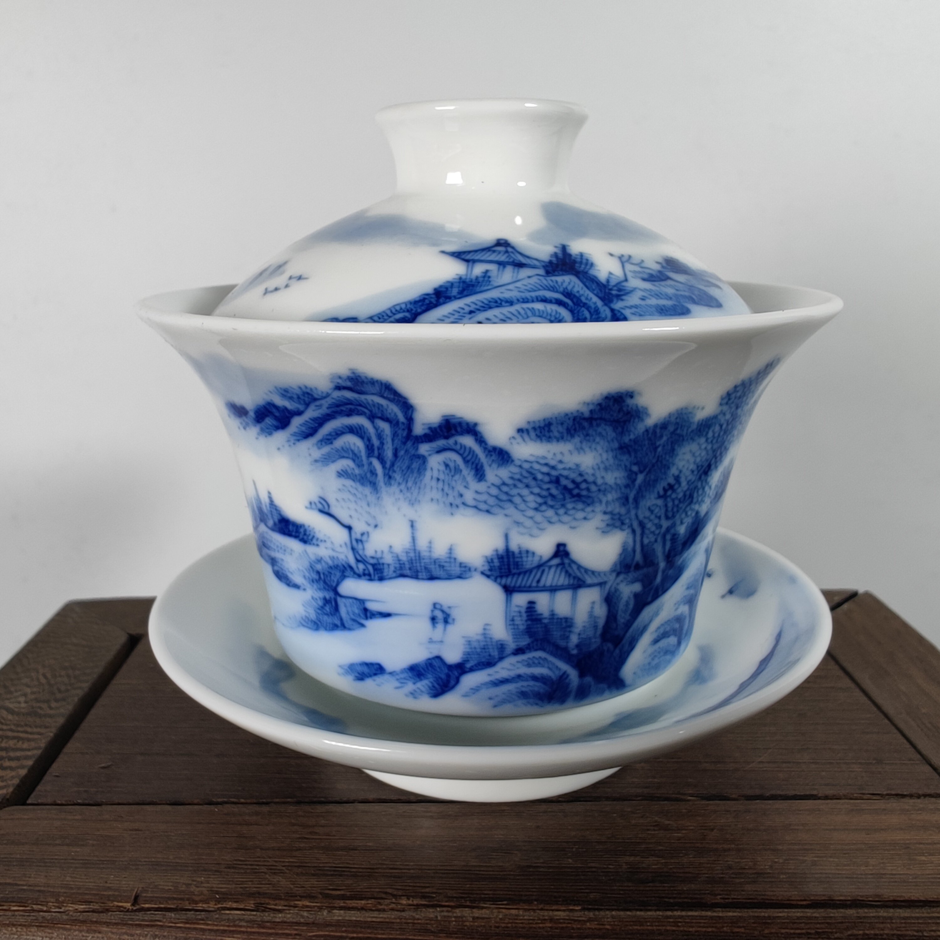 景德镇文革厂货陶瓷器柴窑手拉胚手绘原矿老料青花山水盖碗泡茶碗