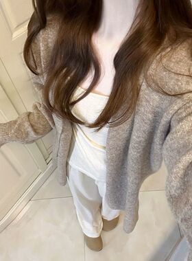 高级感燕麦色针织开衫外套女秋季慵懒风宽松显瘦外搭休闲百搭上衣