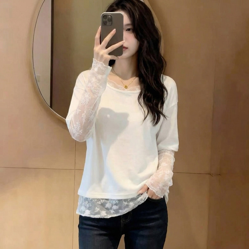 欧货独特漂亮蕾丝网纱拼接t恤女夏季大版假两件防晒长袖罩衫上衣