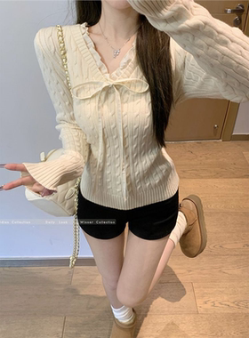 法式麻花蝴蝶结系带v领针织衫毛衣女春季内搭修身打底衫长袖上衣