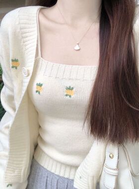 温柔风防晒针织衫女春秋季韩系奶甜短款开衫内搭吊带小背心两件套