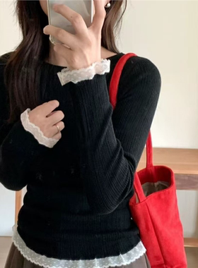 外穿女装蕾丝边长袖圆领软糯毛衣针织衫女秋季修身内搭打底衫上衣