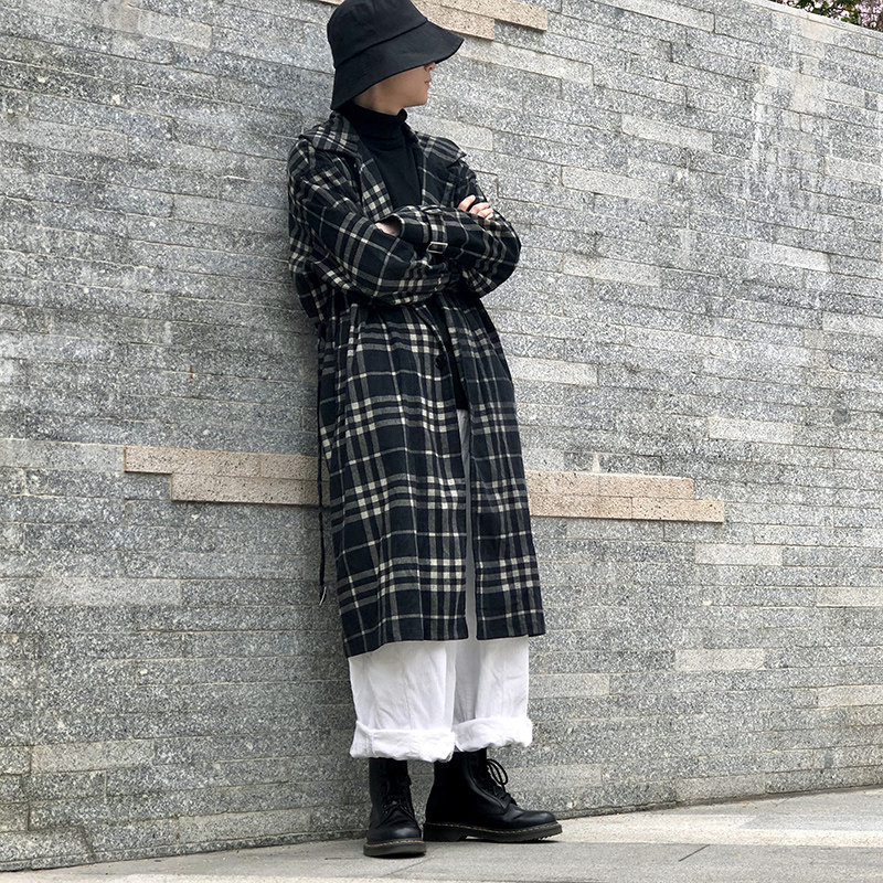 格纹风衣男中长款春秋宽松日系青年潮休闲黑白格子棉质灯芯绒外套