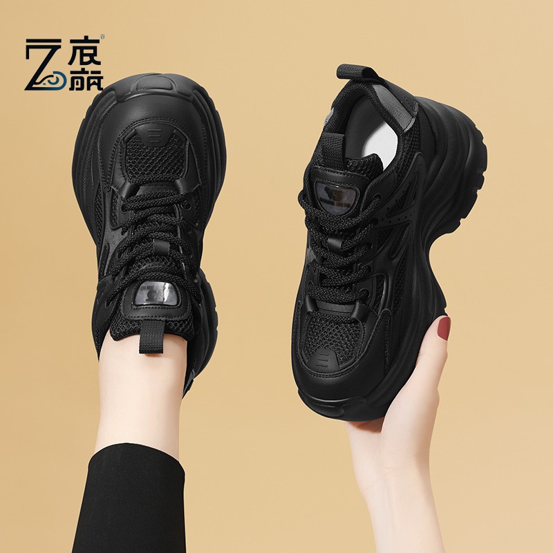 莆田纯原黑色厚底老爹鞋百搭显脚小个子内增高女鞋2025春夏季新款