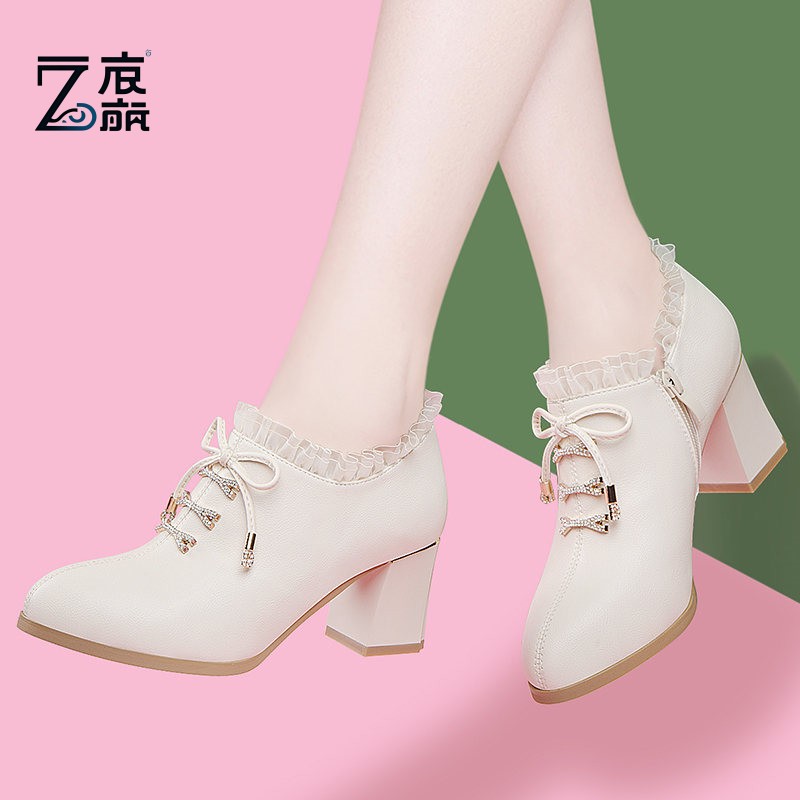 莆田纯原小圆尖头春夏女士皮鞋中跟单鞋2025年新款女鞋真皮深口高