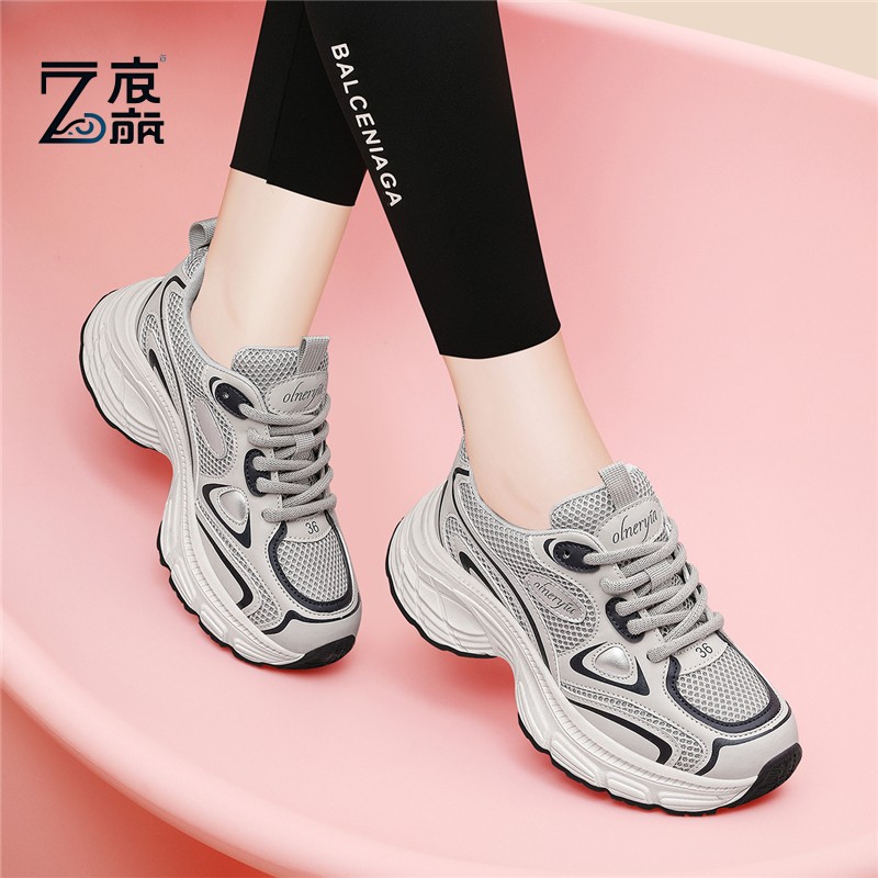 莆田纯原女鞋2025春季新款网面休闲老爹鞋厚底增高爆款银色运动鞋