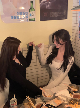 「少量现货」韩雨嘉白色蕾丝拼接针织连衣裙女秋冬性感收腰包臀裙