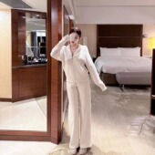 韩雨嘉 子 女休闲长裤 私服绞花裤 480G复合奥粒绒宽松肌理直筒裤