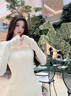 韩雨嘉【极简显瘦】弧度下摆含绵羊毛V领 气质简约针织打底衫