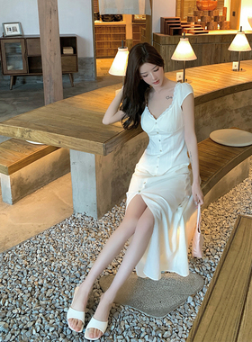 韩雨嘉【White Angel】白色V领长袖开叉长裙收腰连衣裙系列