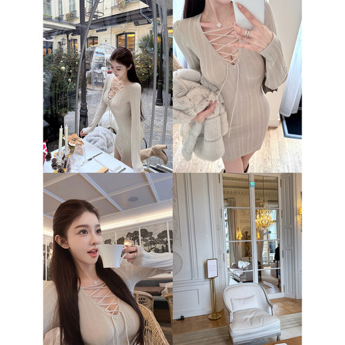 绵羊毛V领交叉绑带包臀针织裙