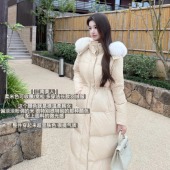 米白色90白鸭绒毛领羽绒服女冬收腰长款 江南美人 加厚连帽外套