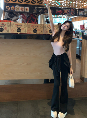 韩雨嘉黑色弹力直筒喇叭裤女春夏新款垂感高腰显瘦微喇裤休闲长裤